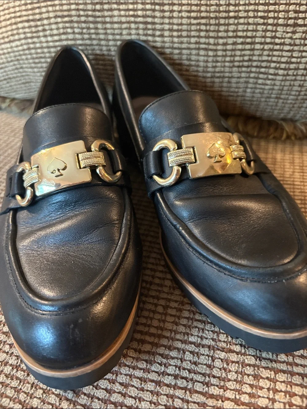 Kate Spade Black Leather Womans Slip-On Loafers with Gold Plate